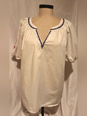 St. John's Bay White Peasant Top with Blue & Red Embroidery